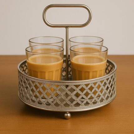 4 Cutting Chai Glass with Metal Stand – Funky Slogan Printed Tapri Style Tea Glass Set for Home, Café & Gifting