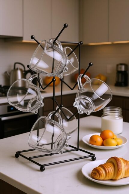 Set of 6 Transparent Borosilicate Glass Tea Cups with Metal Stand | Heat-Resistant Cups for Green Tea, Coffee & Hot Beverages | Stylish Design | 150 ml Each | Glass Teacup Set